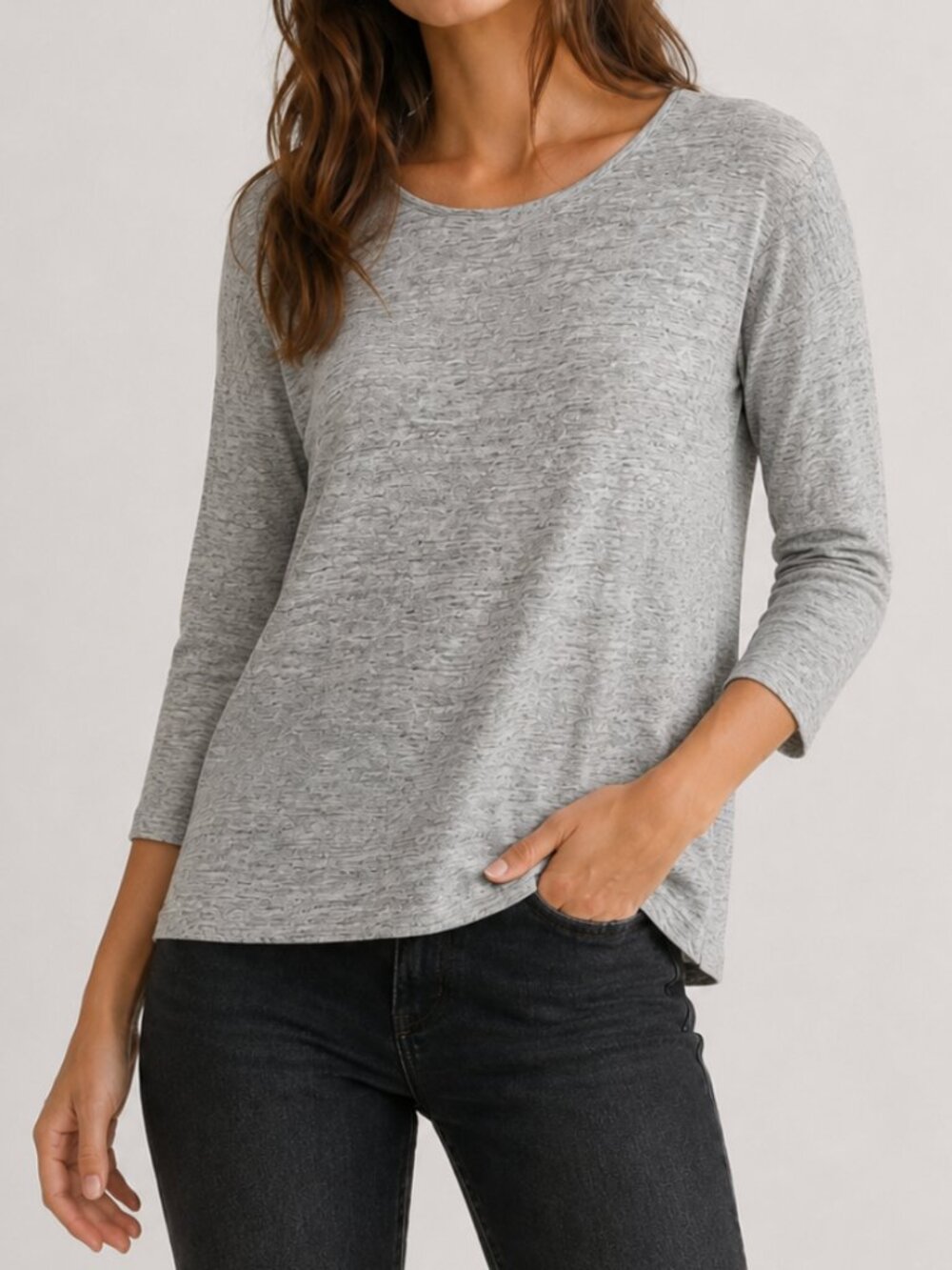 Zara W&B Collection Gray Heathered 100% Linen Relaxed Top 3/4 Sleeve Size L